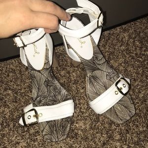 Size 6.5 strapped high heels, white straps